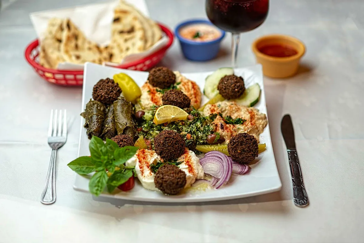 Falafel platter with pita at Ali Baba Middle Eastern restaurant in Hoboken, NJ