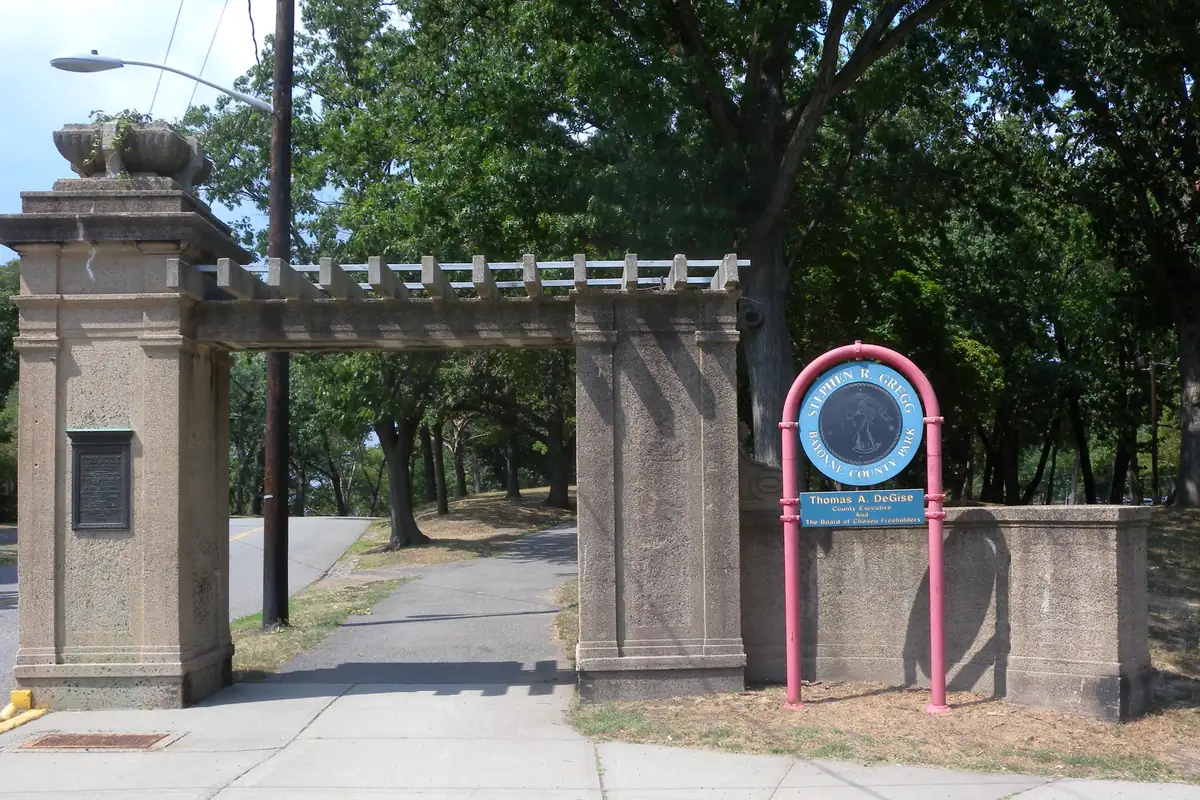 Stone gateway at the southern entrance of Stephen R. Gregg Park, also known as Bayonne County Park, in Bayonne, NJ