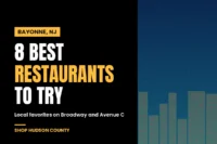 Designed cover reading 8 Best Restaurants to Try in Bayonne, NJ, with a stylized skyline