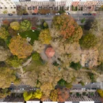 Aerial view of Van Vorst Park in Jersey City with colorful fall foliage