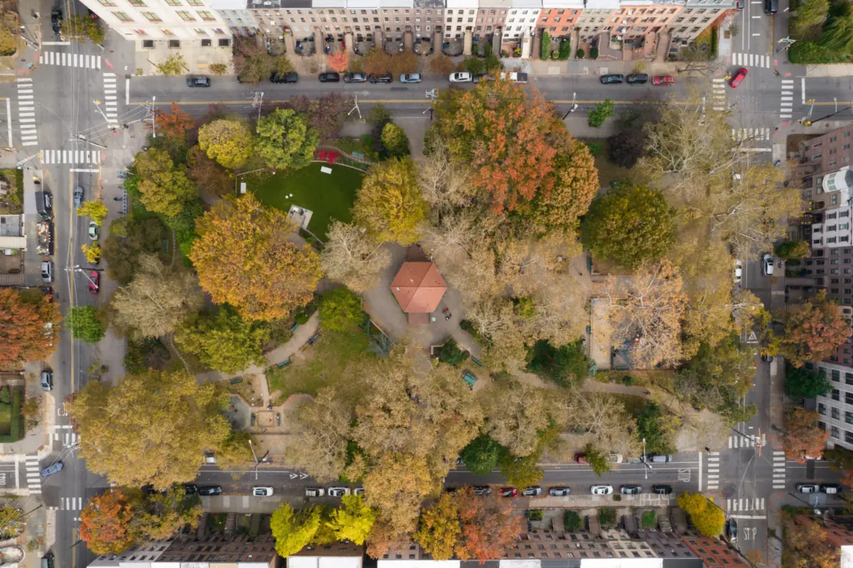 Aerial view of Van Vorst Park in Jersey City with colorful fall foliage