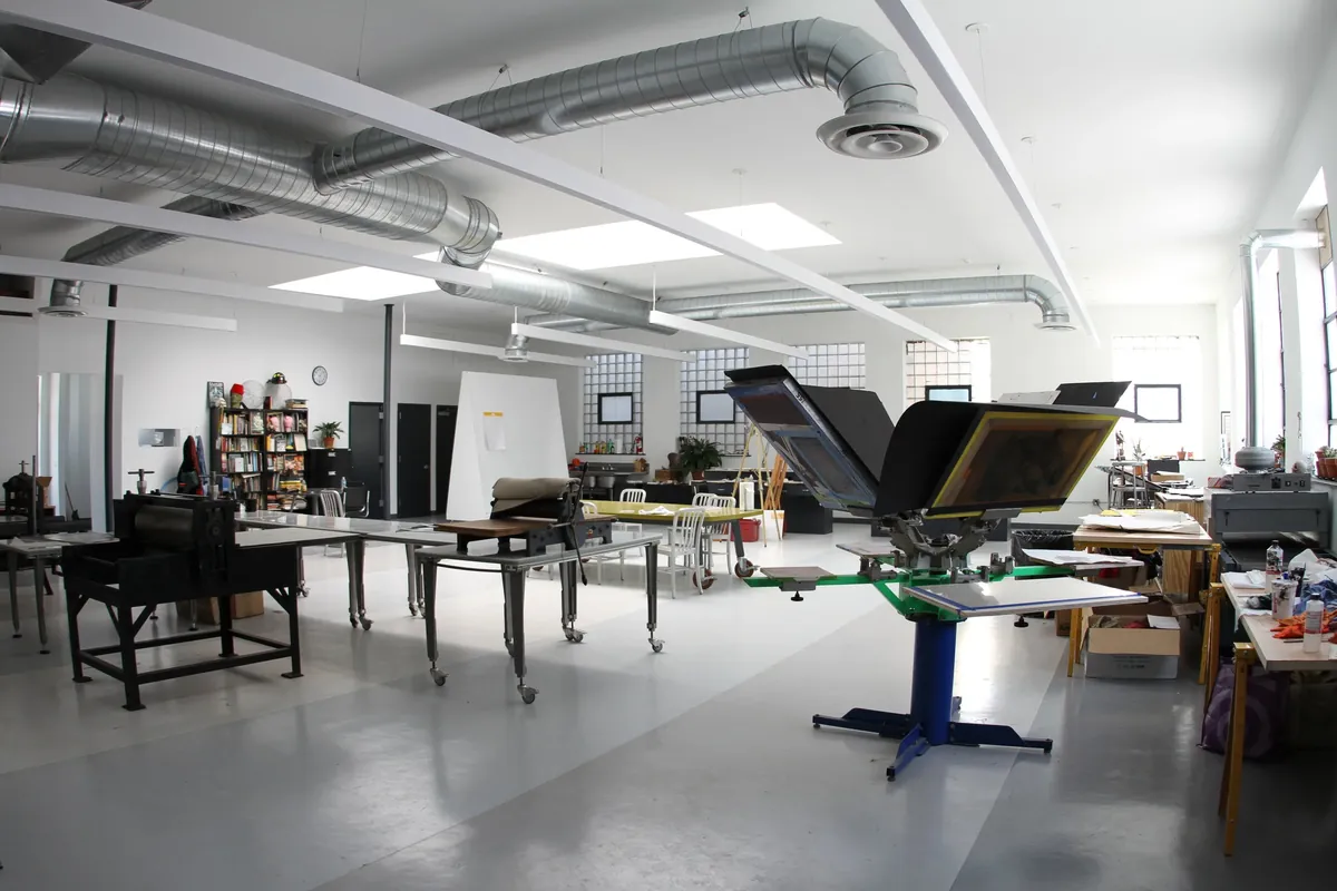 Printmaking studio with presses at Guttenberg Arts in Guttenberg, NJ