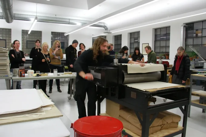 Printmaking demo on the press at Guttenberg Arts in Guttenberg, NJ