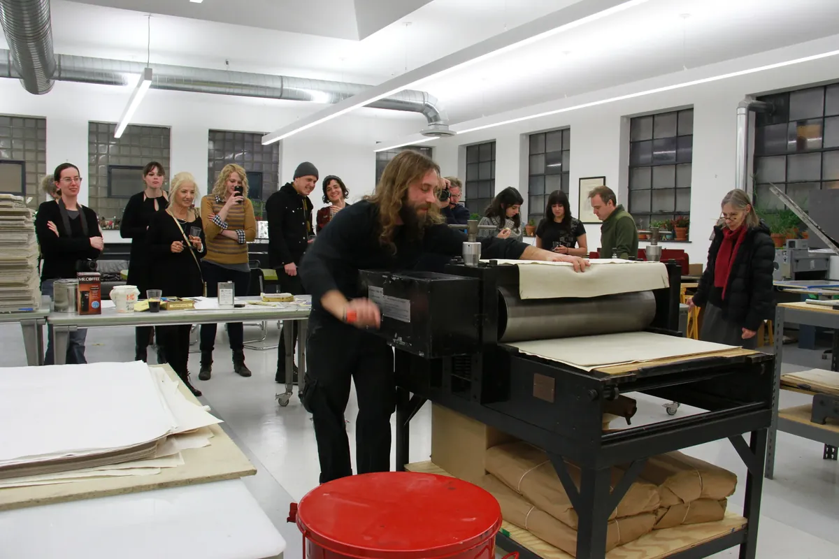 Printmaking demo on the press at Guttenberg Arts in Guttenberg, NJ