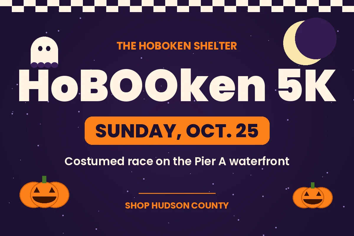 The Hoboken Shelter's HoBOOken 5K graphic for Sunday, October 25, 2026 at Pier A in Hoboken