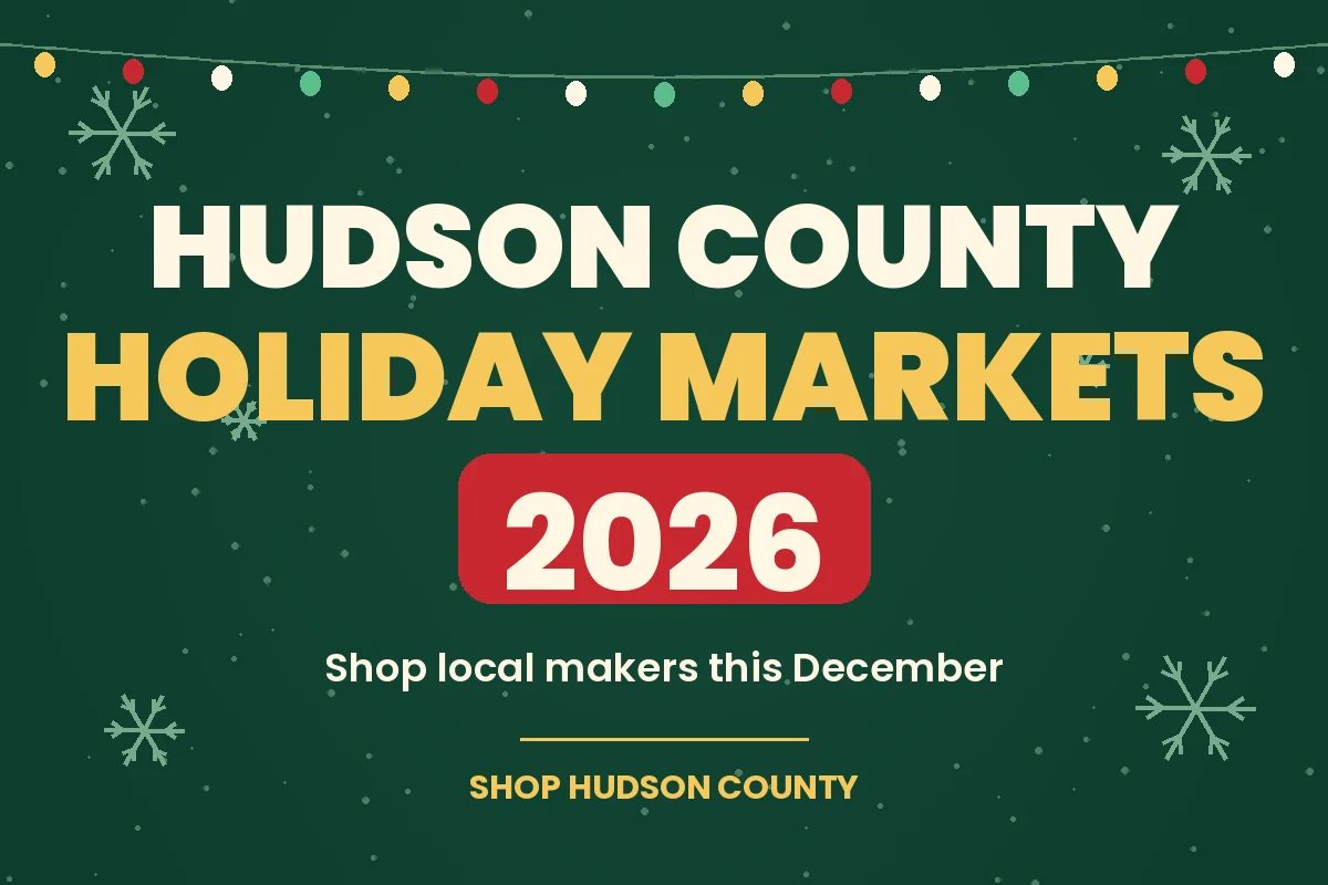 Hudson County Holiday Markets 2026 cover with holiday lights and snowflakes on a green background