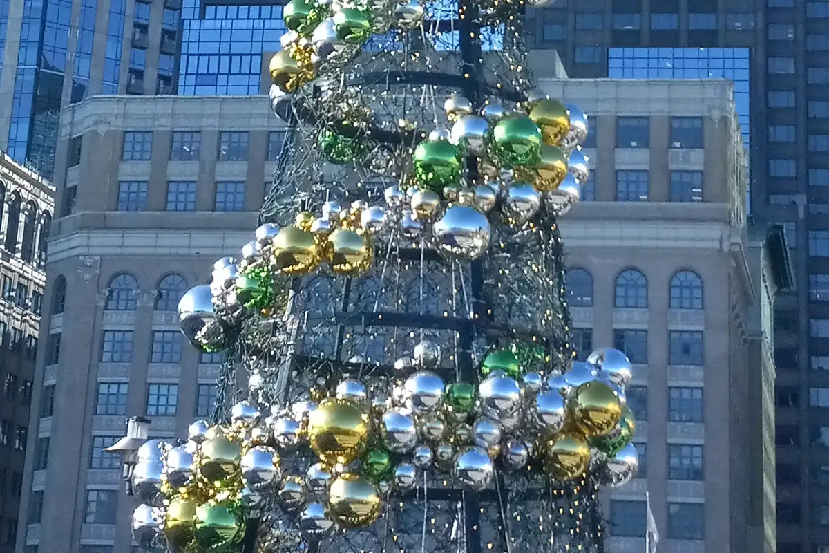 Holiday ornament tree at Exchange Place in Jersey City, NJ