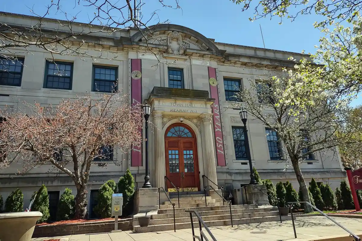 Kearny Town Hall on Kearny Avenue in Kearny, NJ on a sunny day