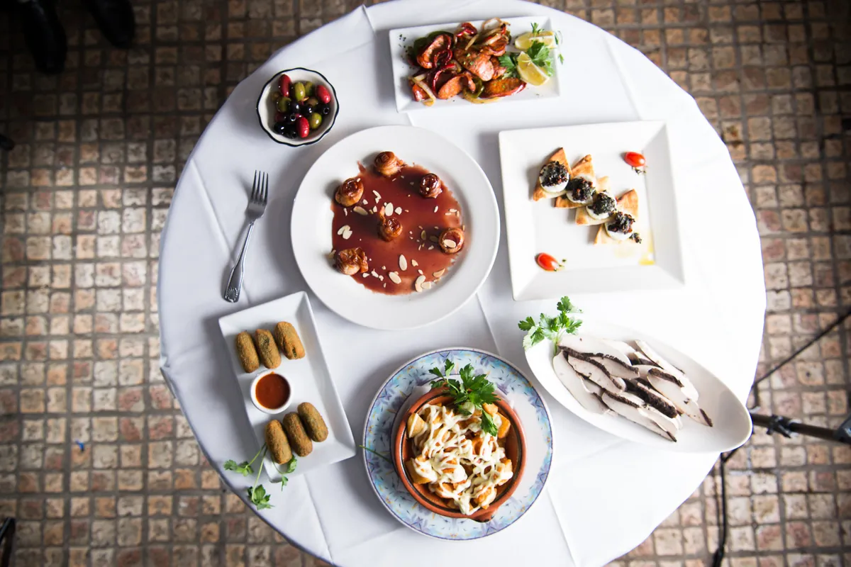 Spread of Spanish tapas at Lola's Tapas and Wine Bar in Hoboken, NJ
