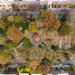 Aerial view of Van Vorst Park in Jersey City with colorful fall foliage