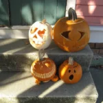 Four carved jack-o-lanterns sitting on sunlit front stoop steps in autumn